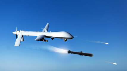 Combat drone flies high in the sky and shoots missiles, concept. Modern warfare and drones. Attack and danger. Rocket