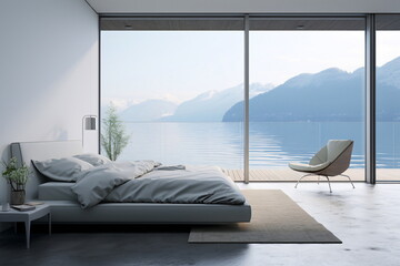 Peaceful and minimalist bedroom overlooking the lake and mountains