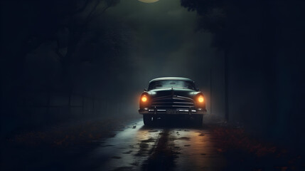 Fototapeta na wymiar old car driving in the night spooky road
