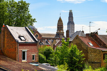 Rooftops of Amiens with the bell tower of the Church of the Sacred Heart and the Perret Tower in...