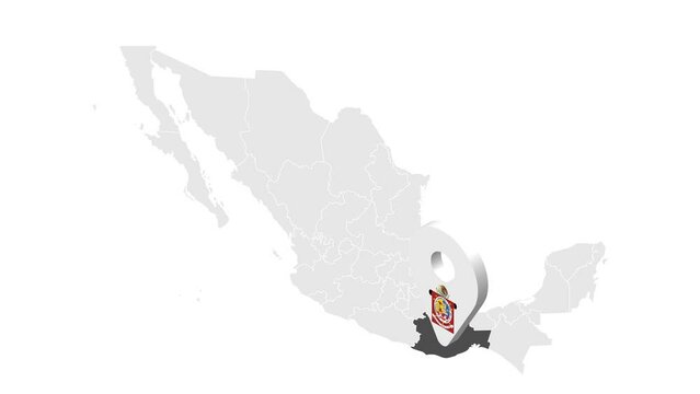Location Oaxaca on map Mexico. 3d State of Oaxaca flag map marker location pin. Map of  Mexico showing different parts. Animated map States of Mexico. 4K.  Video