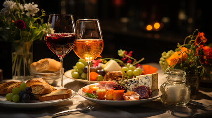 elegant dining table with a lot of appetizers such as wine and grapes