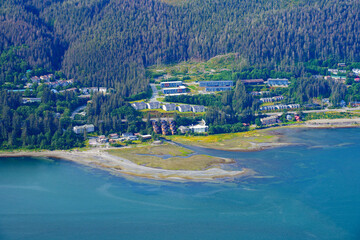Aerial view of Douglas, an oceanfront residential neighborhood facing Juneau, the capital city of...