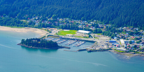 Aerial view of the marina of Douglas, an oceanfront residential neighborhood facing Juneau, the...