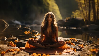 a woman sits meditating and entering into herself. created by ai - obrazy, fototapety, plakaty