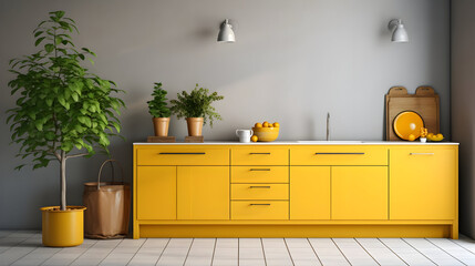 modern kitchen interior, yellow pantry