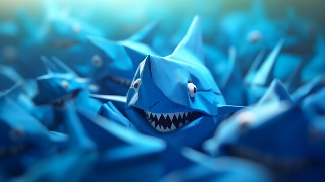 Origami blue sharks style intense color fish illustration picture AI generated art
