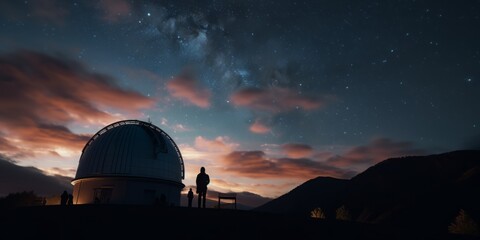 Silhouette of an observatory dome set against a breathtaking backdrop of stars.

 - obrazy, fototapety, plakaty