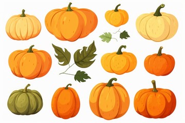 Illustration showcasing a set of ripe, variously shaped pumpkins ready for the season.

