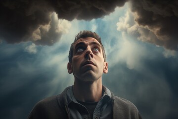 Man looking up as moody rain clouds gradually overtake the blue sky. - obrazy, fototapety, plakaty