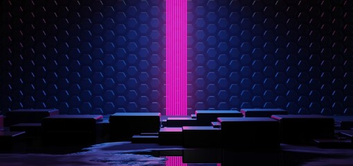 futuristic gaming esports background abstract wallpaper, cyberpunk style scifi game, stage concert scene in pedestal display room, led neon glow light, 3d illustration rendering