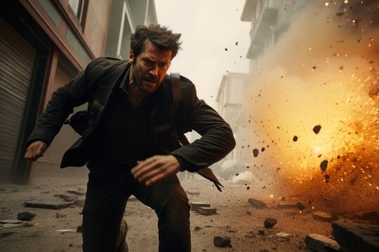 Lone hero agilely dodging an explosive blast, embodying courage and skill.