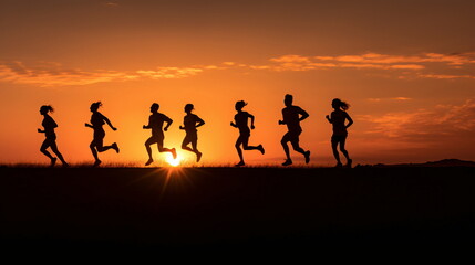 Runners silhouetted against a stunning orange sky