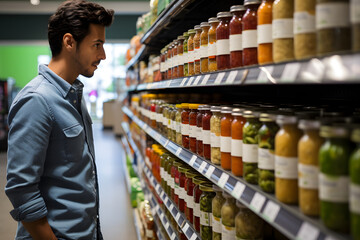 young adult Mexican man choosing a product in a grocery store. Neural network generated image. Not...