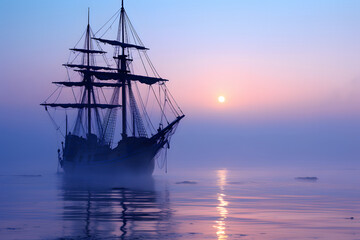 spectral ghost ship at foggy morning or evening. Neural network generated image. Not based on any actual person or scene.