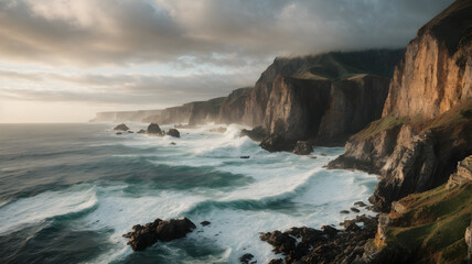 Fototapeta na wymiar Dramatic Cliffs and Rugged Coastline with Crashing Ocean Waves