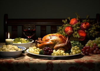 Roasted Turkey and Wine on Festive Thanksgiving Table