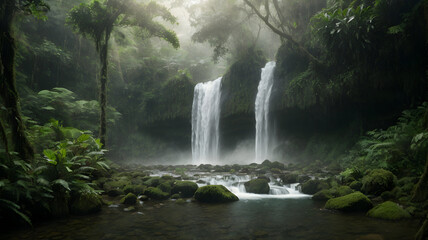 Mystic Rainforest Waterfall Hidden in Lush, Untouched Jungle
