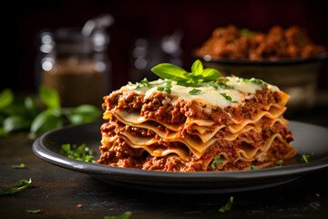 classic Italian lasagna with layers of pasta on black plate on table on dark background. Neural network generated image. Not based on any actual person or scene.