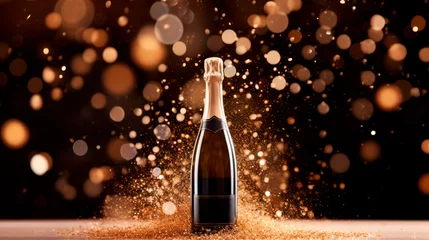 Foto op Plexiglas Champagne bottle on black background. Sparkling lights and bokeh. exuding a sense of celebration and sophistication © Vasyl Onyskiv