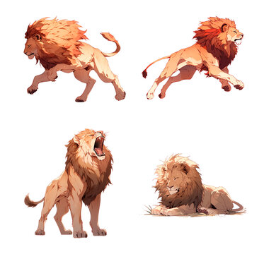 Set of isolated anime lions