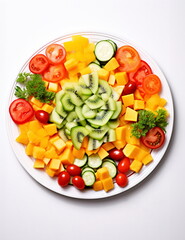 Fresh and tasty kiwi-mango salad on a white plate