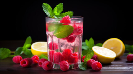 copy space, stockphoto, Sparkling Raspberry Lemonade with fresh berries and mint. Summer refreshment. Non-alhoholic drink, healthy drink with fresh fruit.