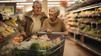 elderly couple in their 70s strolling through a supermarket hand in hand, their shopping cart filled with groceries and household items