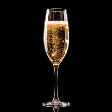 A crystal-clear flute glass of champagne isolated on black background