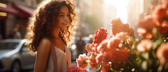 Image of flowers, plants and a women with blurred background, with empty copy space