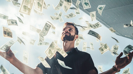 Laughing man throws banknotes around - obrazy, fototapety, plakaty