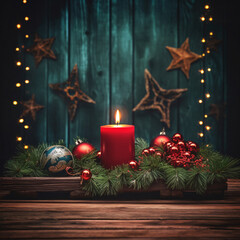 Yuletide Ambiance  Rustic Christmas Decor with Crimson Candle, Timber Star, and Evergreens in Wide Panoramic View