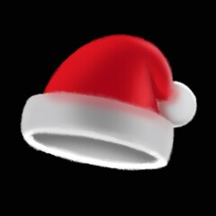 Santa Claus red Christmas hat. Christmas and New Year element of traditional costumes. Realistic 3d mockup design element in cartoon style. Icons isolated on white background. 3D illustration
