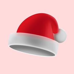 Santa Claus red Christmas hat. Christmas and New Year element of traditional costumes. Realistic 3d mockup design element in cartoon style. Icons isolated on white background. 3D illustration
