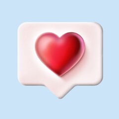 Social Media Heart Icon, like icon, 3D icon, heart, online social communication apps concept, message, like notification isolated on white background. 3D illustration