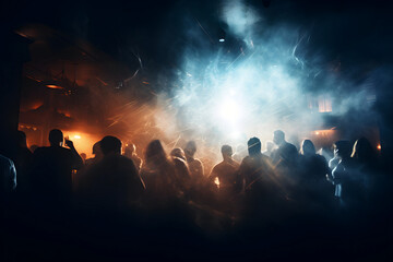 Fototapeta na wymiar Crowd of dancing people in the night club on the dance floor surrounded with lights and smoke. Neural network generated photorealistic image. Not based on any actual person or scene.
