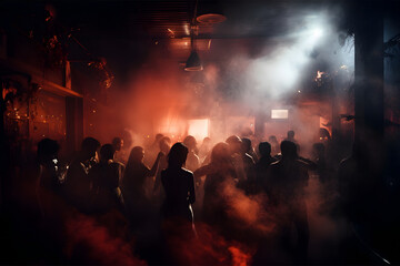 Fototapeta premium Crowd of dancing people in the night club on the dance floor surrounded with lights and smoke. Neural network generated photorealistic image. Not based on any actual person or scene.