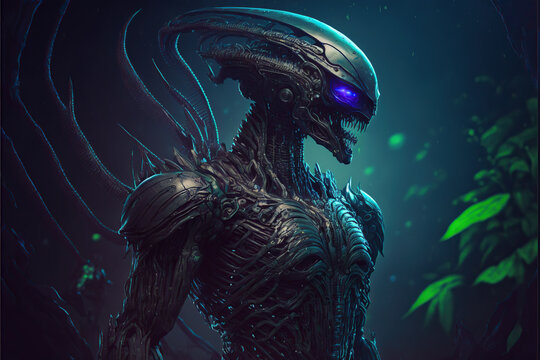 a creature from the depths of the sea. Glowing eyes, alien, monster.