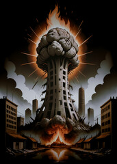 illustrazione arte astratta a tema apocalittico, devastazione e distruzione in una città immaginaria, grafica - obrazy, fototapety, plakaty