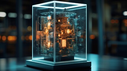 An edge computing device processing real-time data, housed in a glass case with visible circuits.