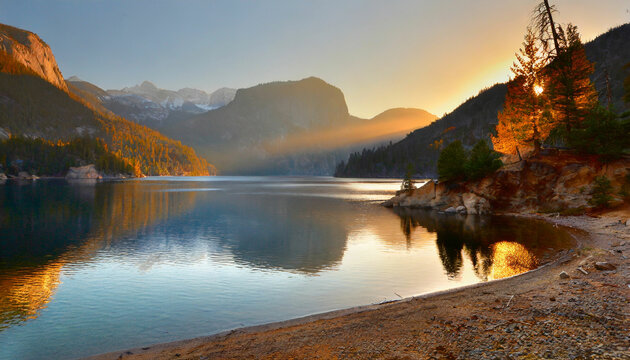 Golden Hour Beauty Sunrise in the Mountain Lake © bhatti