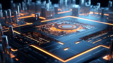 An intricate circuit board with glowing pathways and nano-components embedded within.