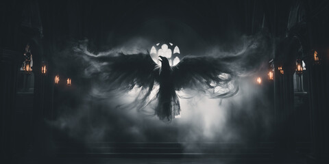 Fototapeta premium silhouette of ghost bird in a dark room with lights and smoke