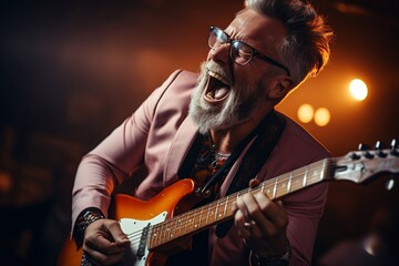 Obraz premium The musician emotionally plays an electric guitar, and sings the song.