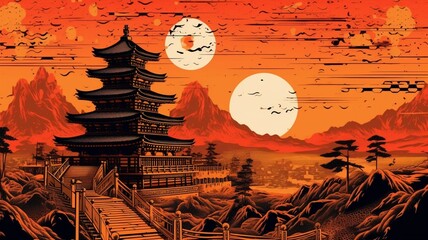 Japanese buddhist temple mountain sunset beautiful painting wallpaper image AI generated art