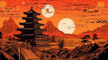 Papier Peint photo Lieu de culte Japanese buddhist temple mountain sunset beautiful painting wallpaper image AI generated art