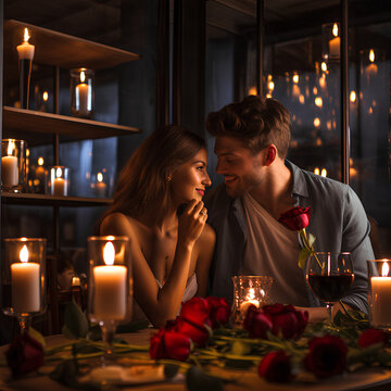 St.Valentines Day photo, couple of man and woman have romantic dinner with candles and wine. Love.  Photo created with generative AI technologies