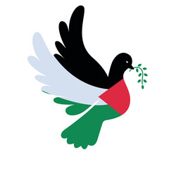Dove with Palestine flag color. Symbol of peace and World support concept. Flat vector illustration