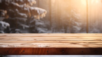 A blank wooden board on a winter background