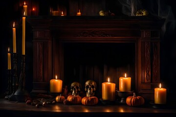 Old fireplace, candlestick with candles, skull